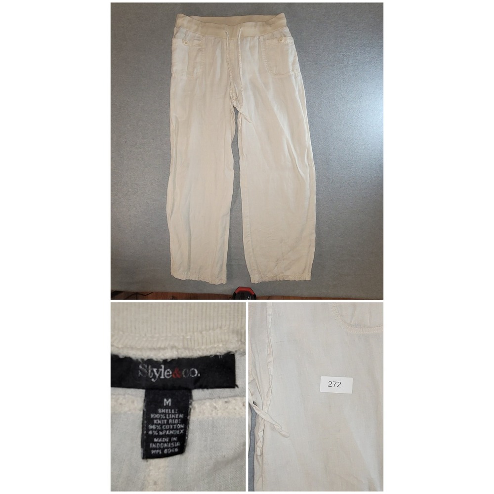 Style & Co Womens Cream 100% Linen Wide Leg Drawstring Pants Size M Off White